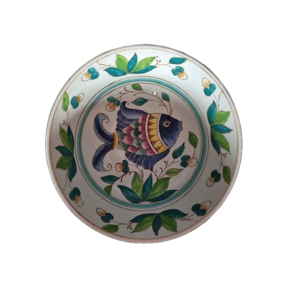 Lrg Decorative Fish Bowl Pottery Hand Painted Nautical Beach Condo Airbnb 10